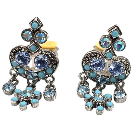Vintage Kirk Folly Women's Silver Tone Blue Crystal Turquoise Clip Earrings - Picture 2 of 5